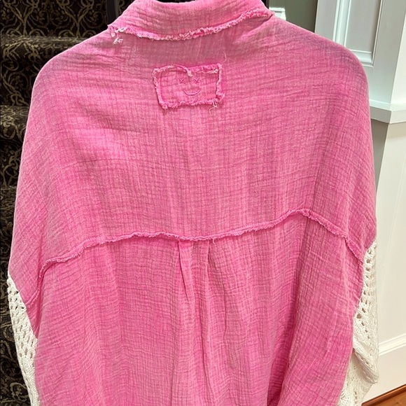 POL NWOT Pink/White Button-Up gauze Shirt w sweater/knit sleeves - Picture 7 of 9